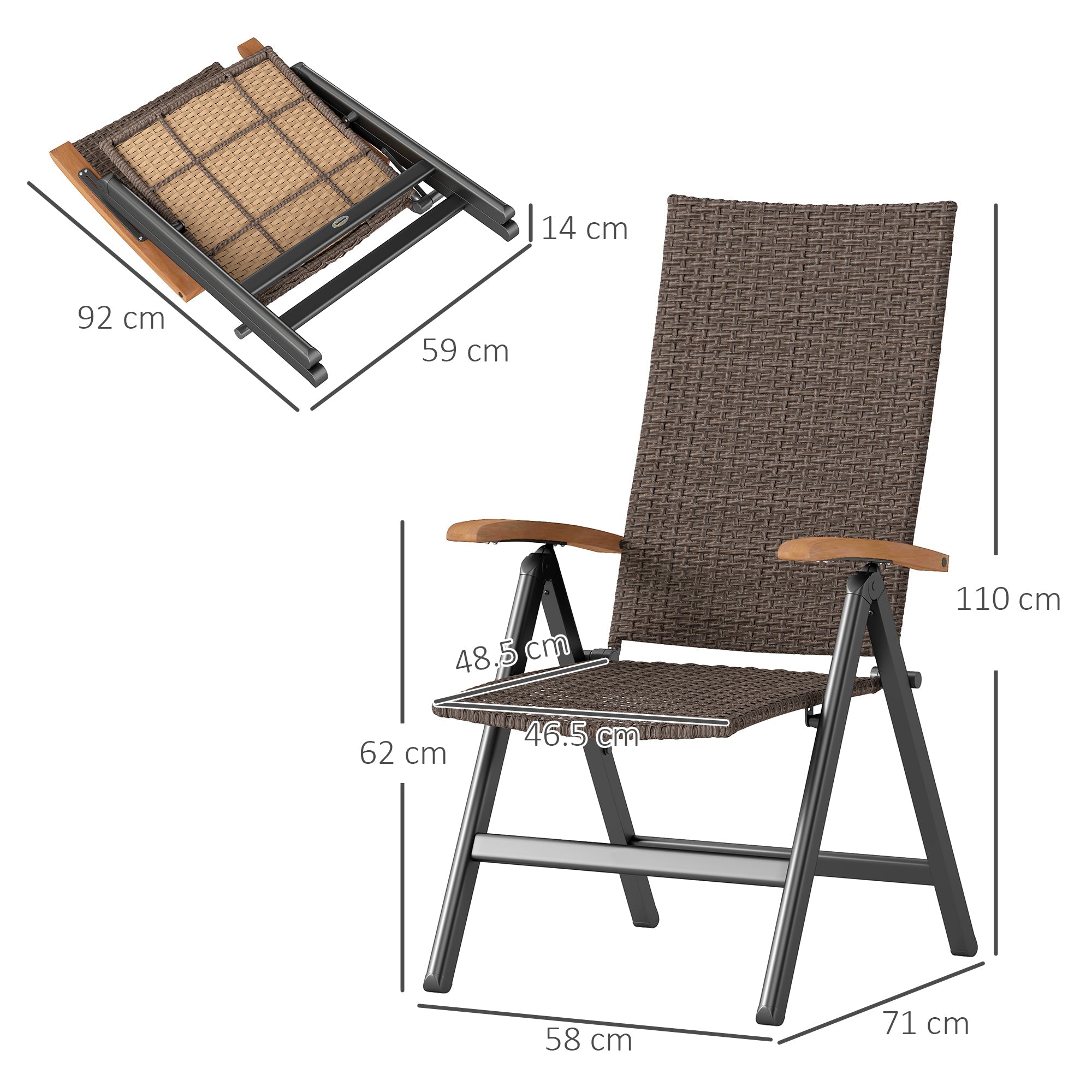 Outsunny 2 Pieces Outdoor Foldable Dining Chair with Armrests, High Backrest, for Garden, Camping, Balcony, Brown 