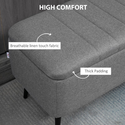 HOMCOM Storage Ottoman with Flip Top, Rectangular Upholstered Bench, Linen Fabric Footstool with Steel Legs for Living Room, Bedroom, Grey 