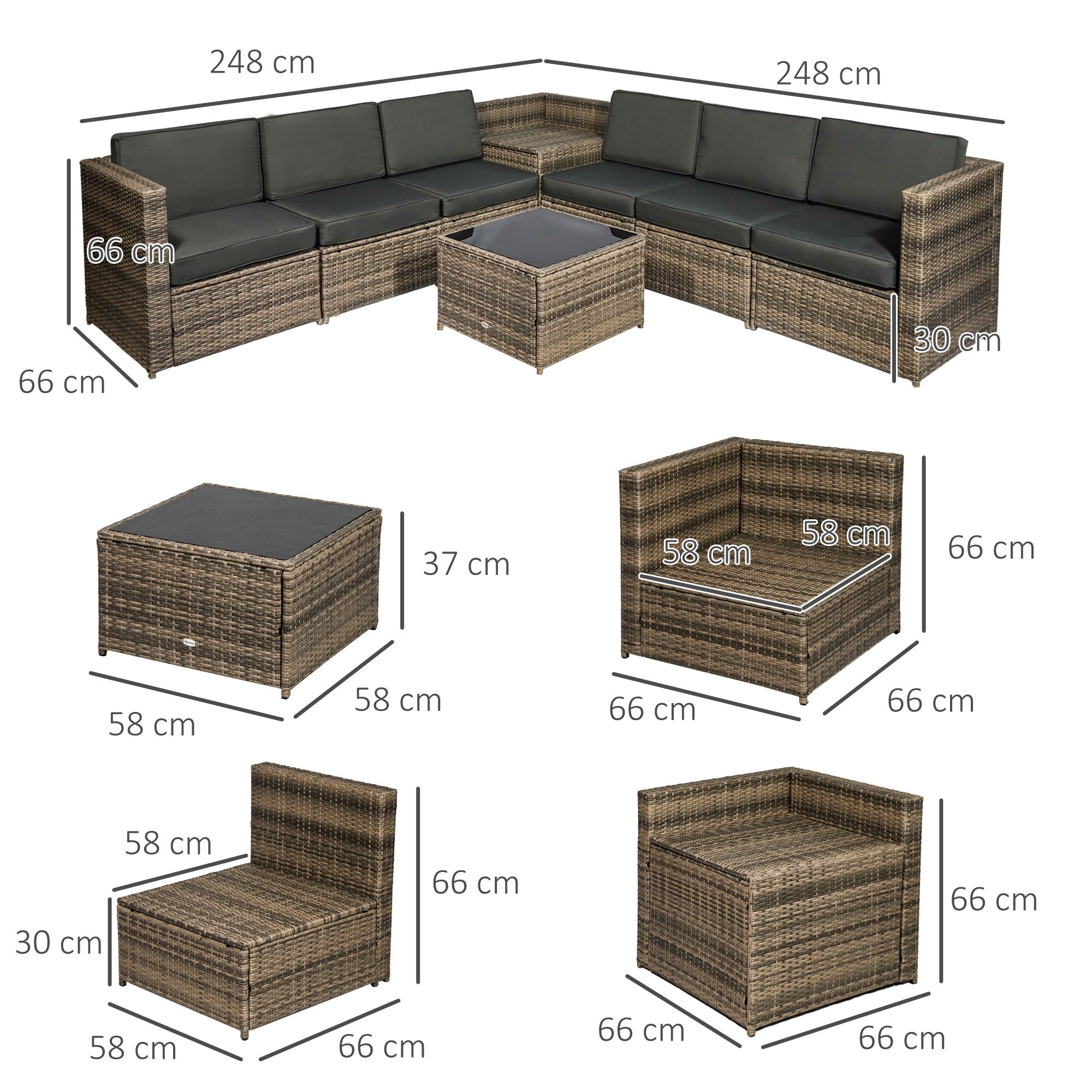 Outsunny 8 Pieces Outdoor PE Rattan Sofa Set with Cushions, Patio Garden Furniture Sets with Glass Top Coffee Table, Storage Corner Table, Mixed Brown 