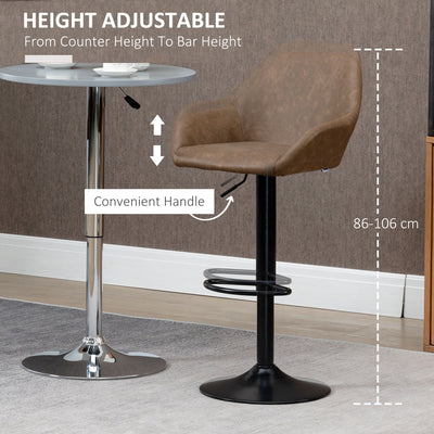 HOMCOM Bar Stools Set of 2, Height Adjustable Swivel Barstools, PU Leather Kitchen Stools with Backs, Armrests and Footrest for Home, Counter and Dining Room, Dark Brown 