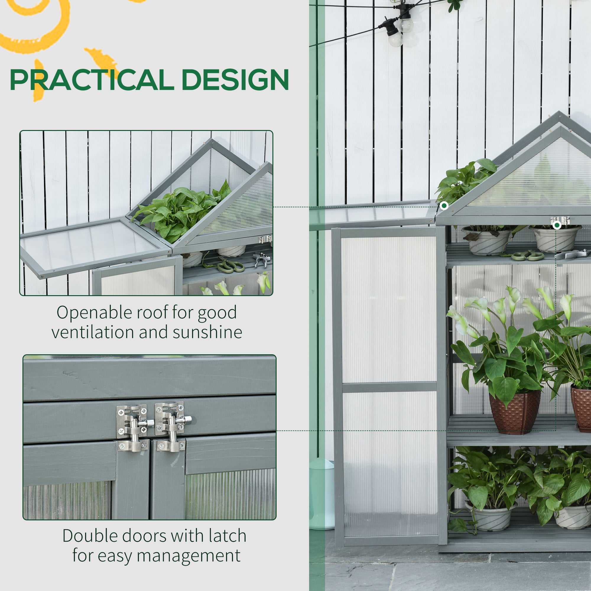 Outsunny Garden Cold Frame Polycarbonate Greenhouse with Adjustable Shelves, Double Doors, Openable Top Covers, Grow House for Flower Vegetable Plants, 80 x 47 x 138cm, Grey 