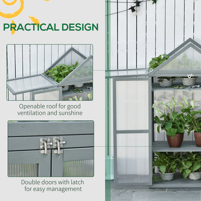 Outsunny Garden Cold Frame Polycarbonate Greenhouse with Adjustable Shelves, Double Doors, Openable Top Covers, Grow House for Flower Vegetable Plants, 80 x 47 x 138cm, Grey 