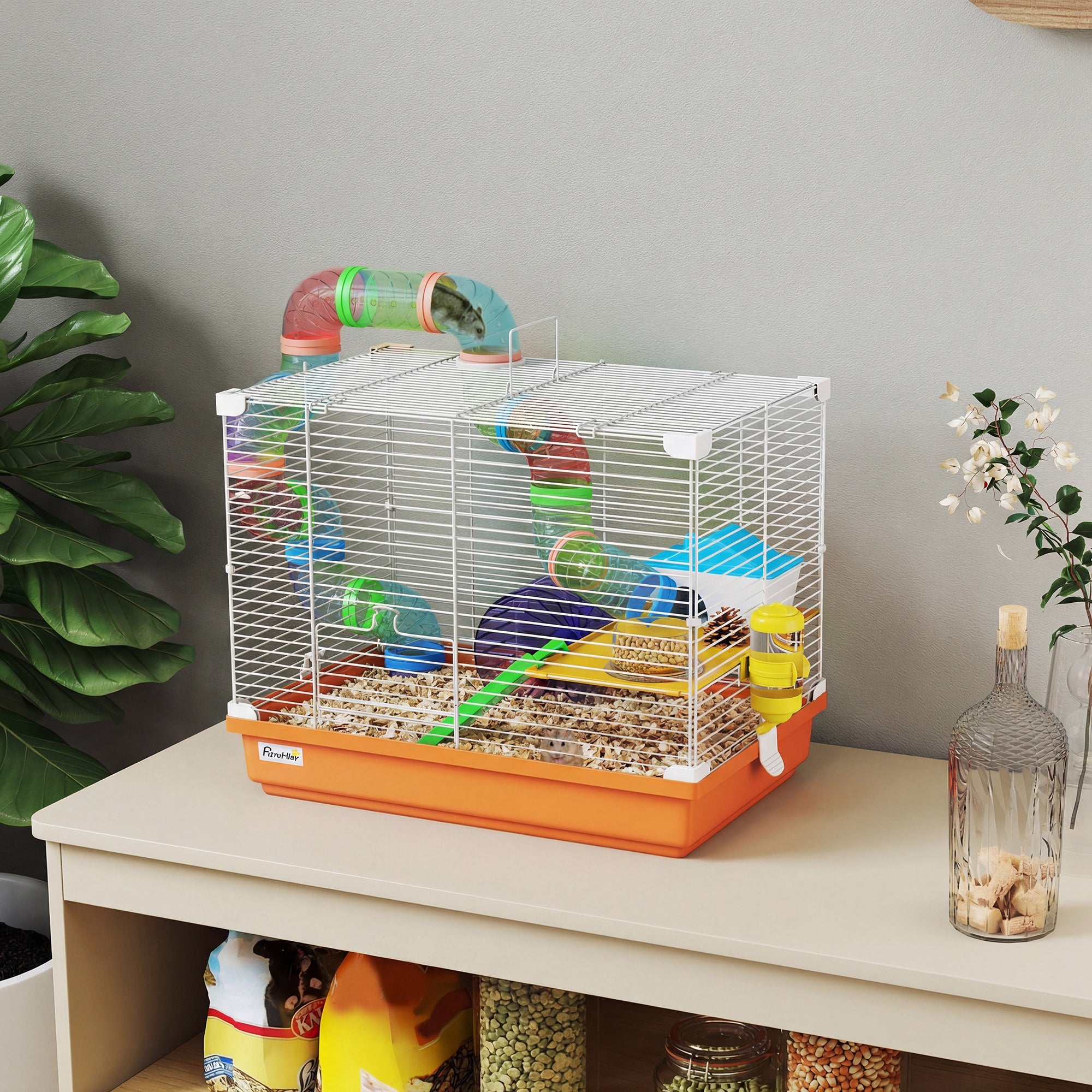 PawHut 2 Tier Hamster Cage, Gerbil Cage with Handle, Exercise Wheels, Tunnel, Water Bottle, Dishes, Ladder, for Dwarf 
