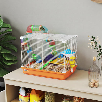 PawHut 2 Tier Hamster Cage, Gerbil Cage with Handle, Exercise Wheels, Tunnel, Water Bottle, Dishes, Ladder, for Dwarf 