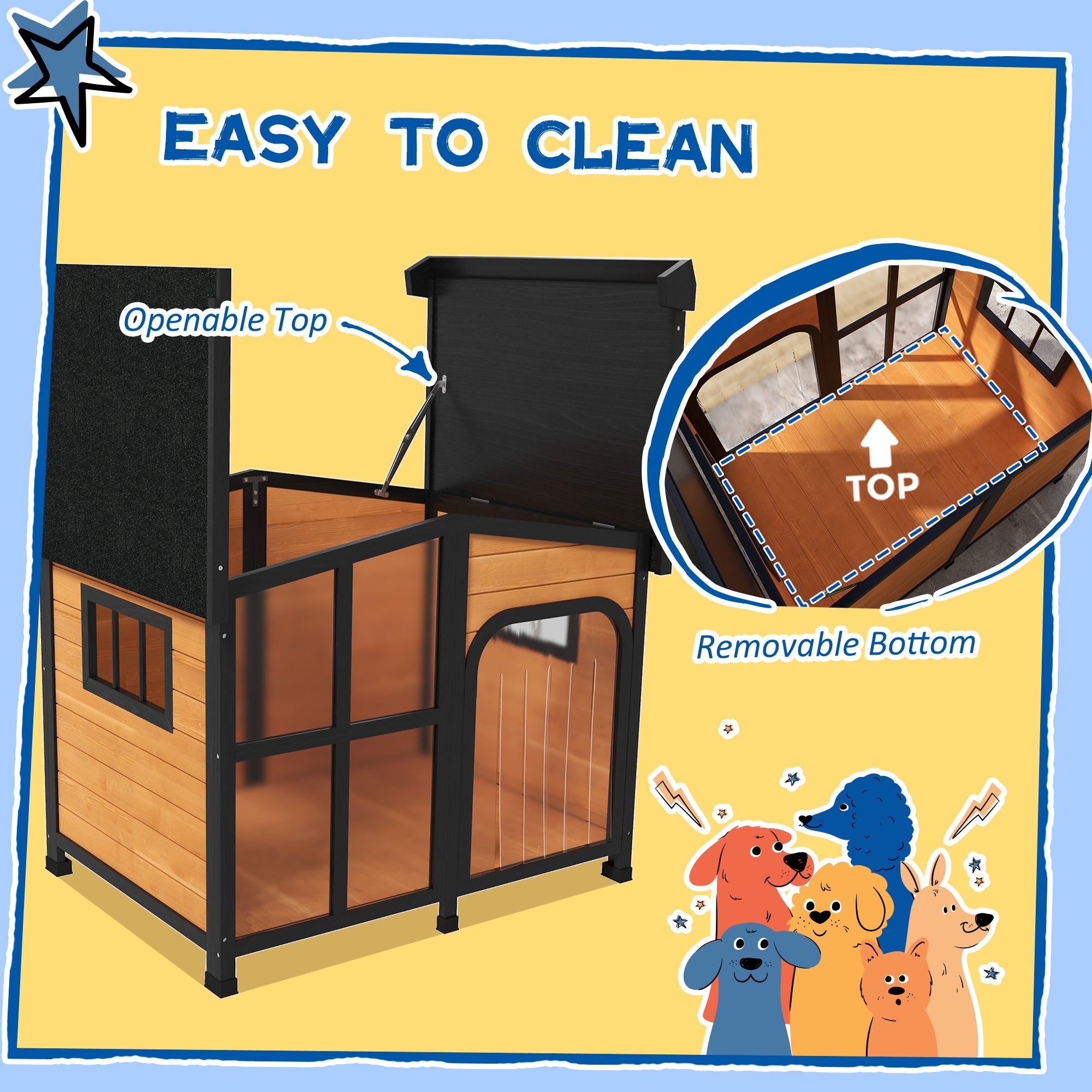 PawHut Wooden Dog Kennel with Removable Floor, Asphalt and Openable Roof, Giant Window for Large Dogs, Yellow 