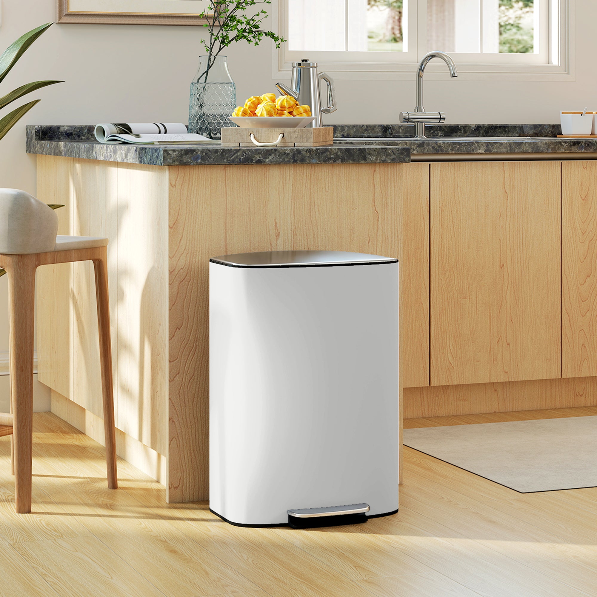 HOMCOM 50L Kitchen Bin with Soft-Close Lid and Stay-Open Function, Stainless Steel Pedal Bin with Removable Inner Bucket, Carry Handle for Kitchen, Office, Home, Cream 