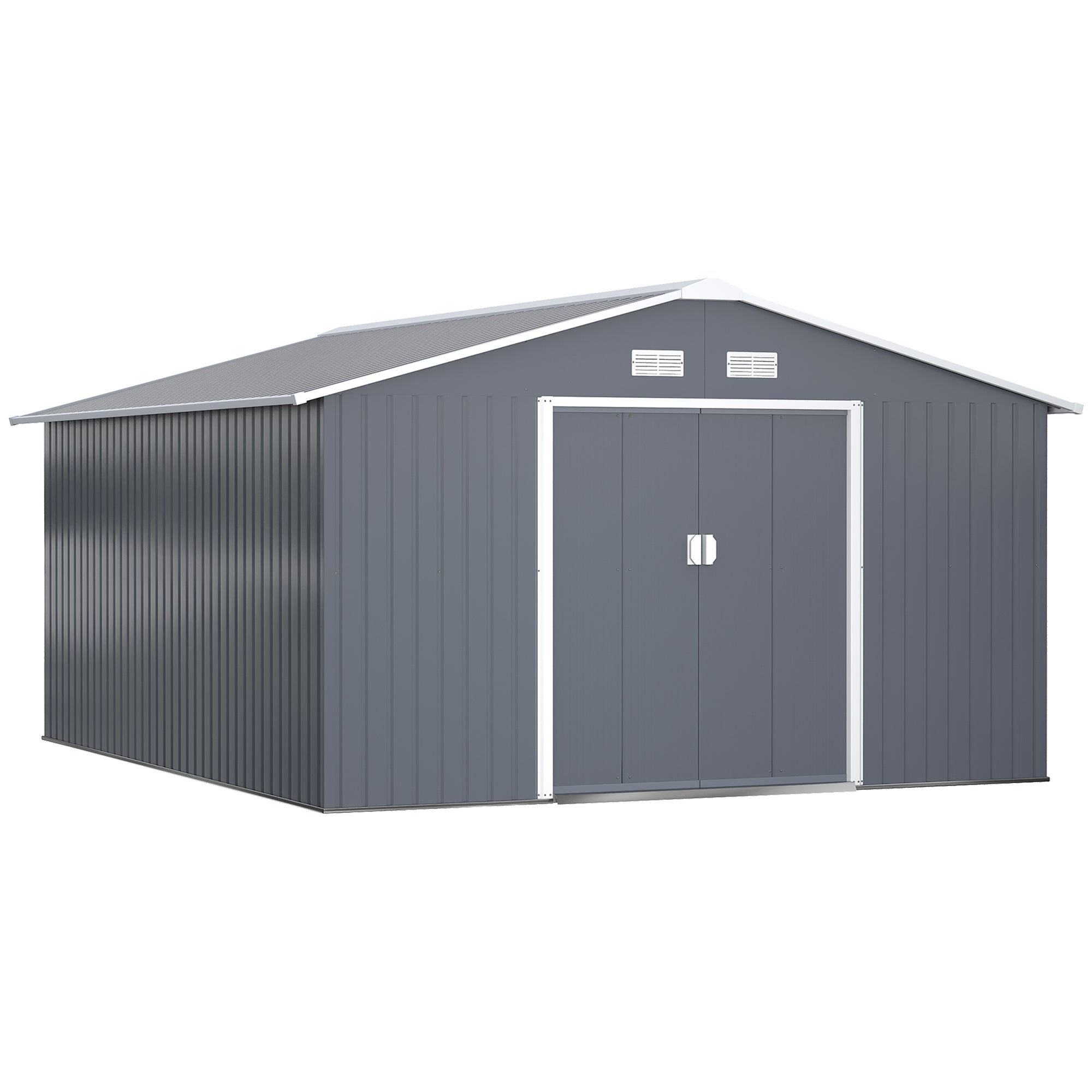 Outsunny 13 x 11ft Metal Garden Shed, Outdoor Storage Tool House with Ventilation Slots, Foundation Kit and Lockable Double Doors, Grey 