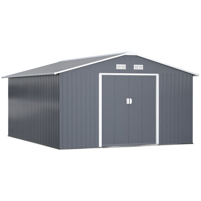 Outsunny 13 x 11ft Metal Garden Shed, Outdoor Storage Tool House with Ventilation Slots, Foundation Kit and Lockable Double Doors, Grey 