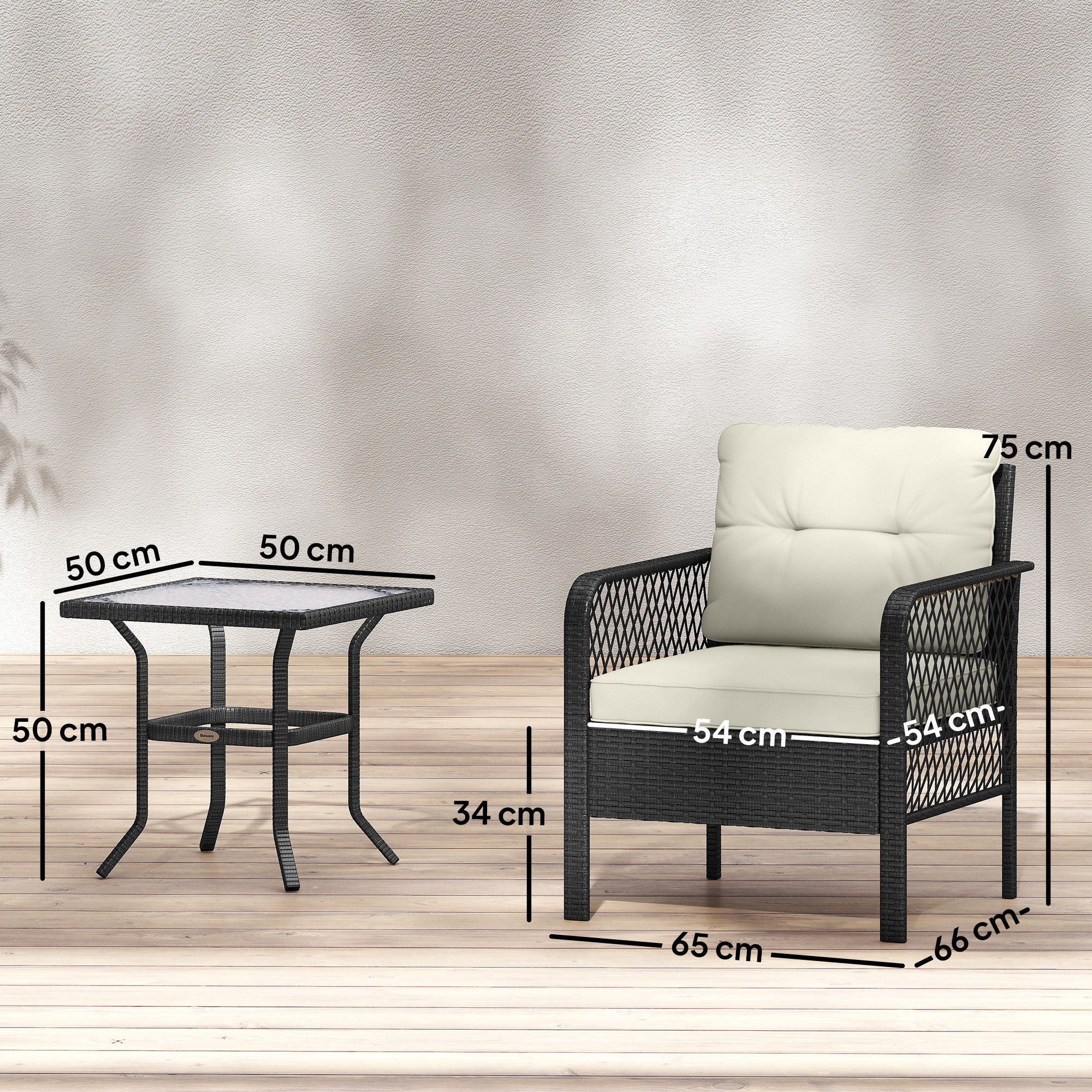 Outsunny 3 Pieces Rattan Bistro Set with Glass Top Coffee Table, Chairs and Cushions for Outdoor, Patio, Balcony, Cream 