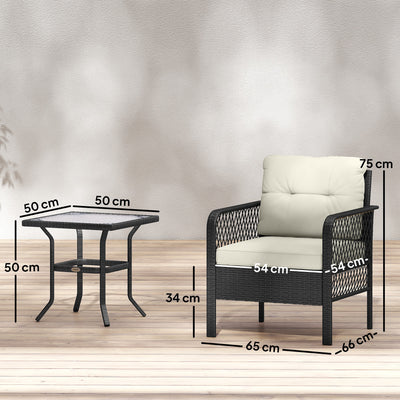 Outsunny 3 Pieces Rattan Bistro Set with Glass Top Coffee Table, Chairs and Cushions for Outdoor, Patio, Balcony, Cream 