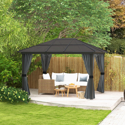 Outsunny 3 x 3.6m Hardtop Gazebo Canopy with Polycarbonate Roof, Aluminium Frame, Permanent Pavilion Garden Gazebo with Netting and Curtains for Patio, Deck, Dark Grey 