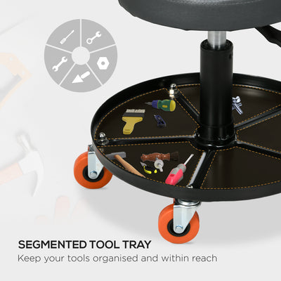 HOMCOM Workshop Stool, Pneumatic Adjustable Mechanic Stool, with Tool Tray, Wheels - Black 