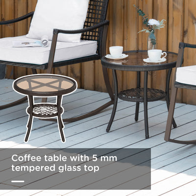 Outsunny Rattan Bistro Set, 3 Pieces Wicker Garden Furniture Set with Rocking Chairs and Round Glass Top Coffee Table, Small Balcony Furniture with Cushions for Outdoor, Porch, Brown 
