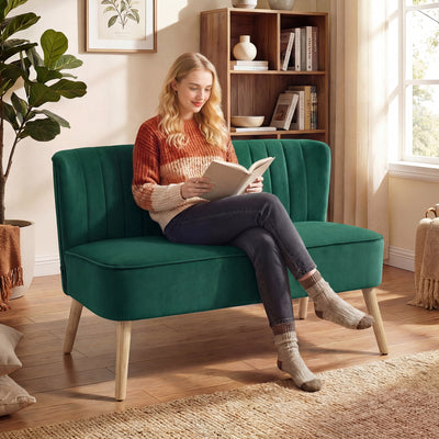 HOMCOM 117cm Loveseat Sofa Upholstered Small 2 Seater Sofa  with Thick Padded Seat and Rubber Wood Legs, Dark Green 