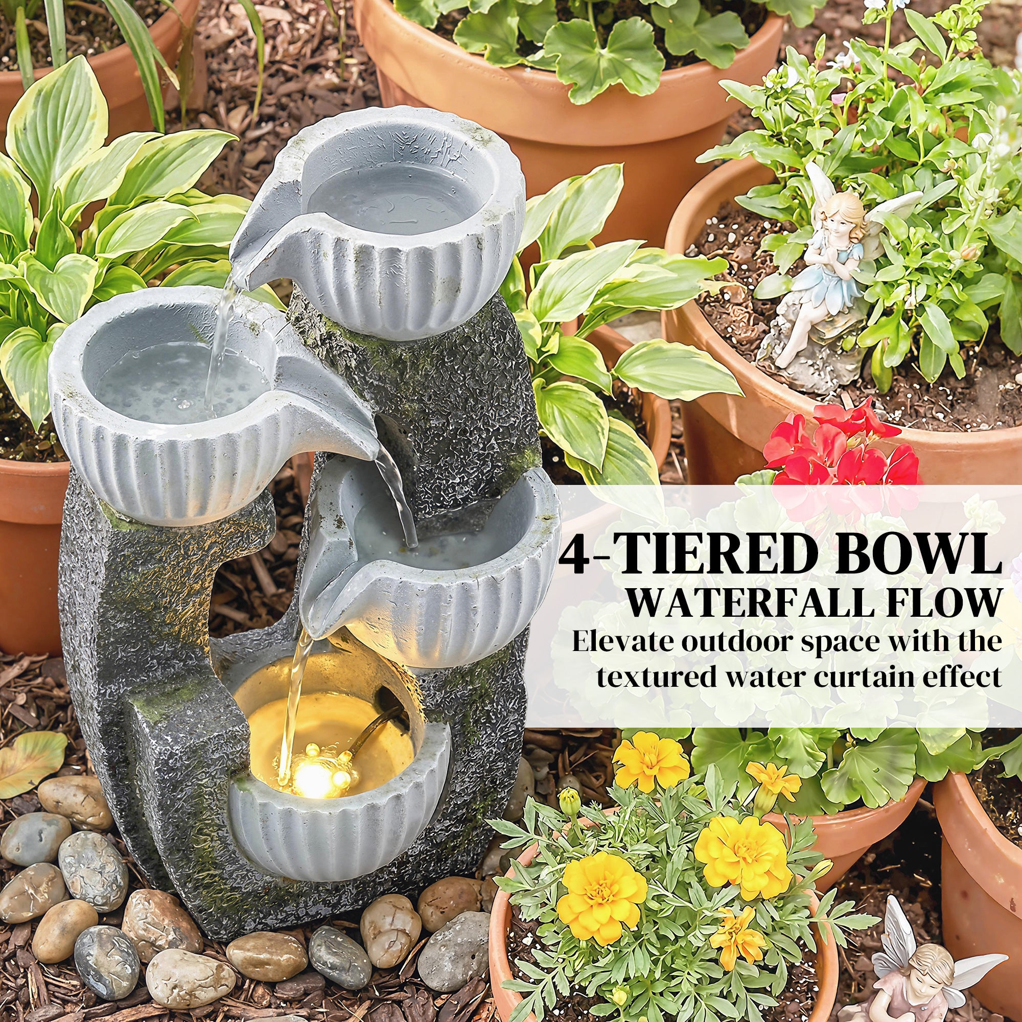 Outsunny 4-Tier Bowl Water Feature, Indoor Outdoor Garden Water Fountain with Pump and LED Lights, Resin Cascading Waterfall 