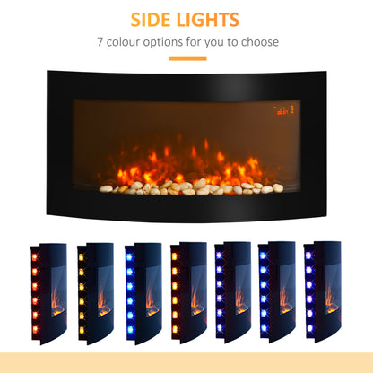 HOMCOM Led Wall Mounted Fireplace Curved Glass Electric Fire Place Fire Place 7 Colour Side Lights Slimline, 1000/2000W, 89.2cm x 48cm 