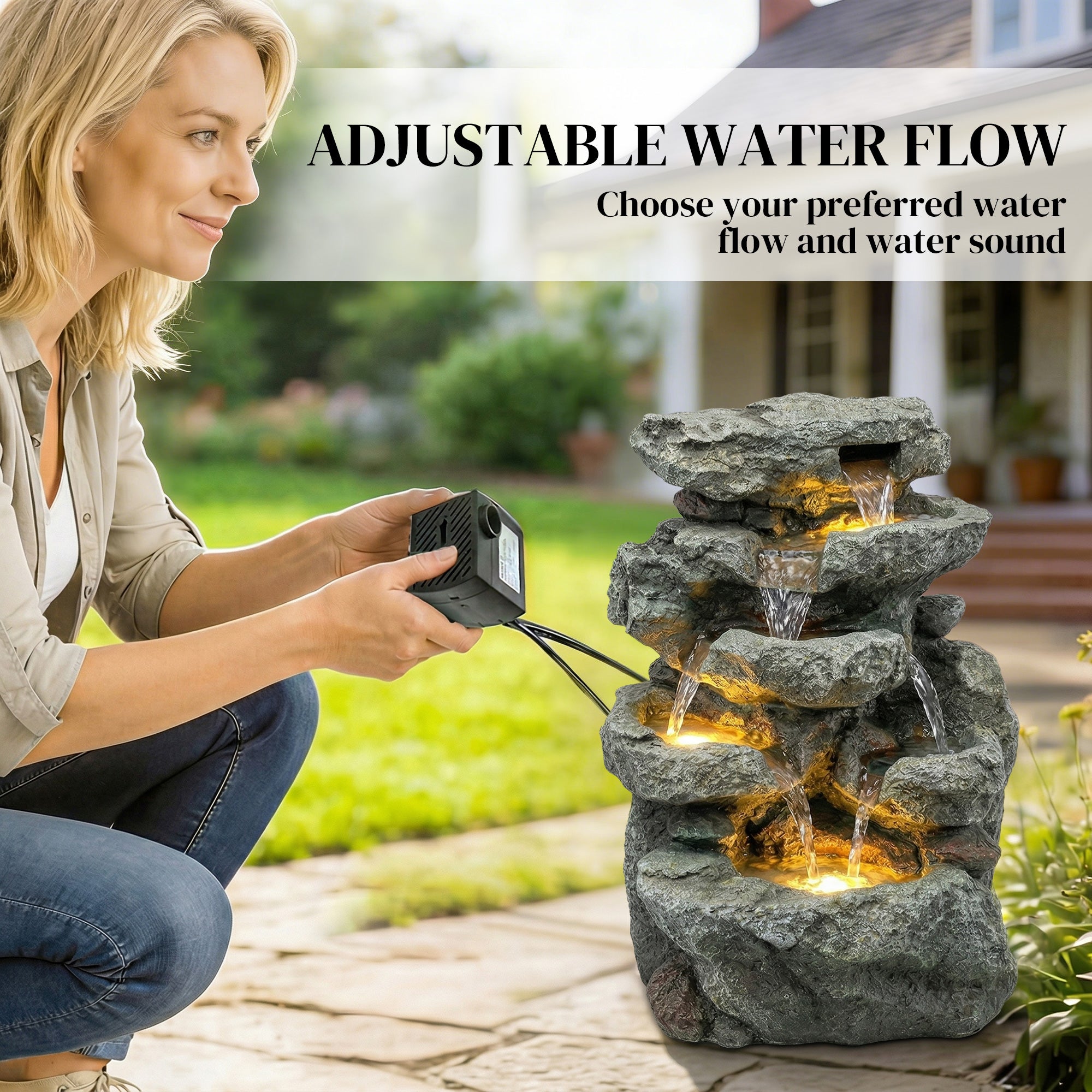 Outsunny Outdoor Fountain with 6-Tier Rock Design, Waterfall Feature with LED Lights, Resin Freestanding Garden Fountain, Grey 