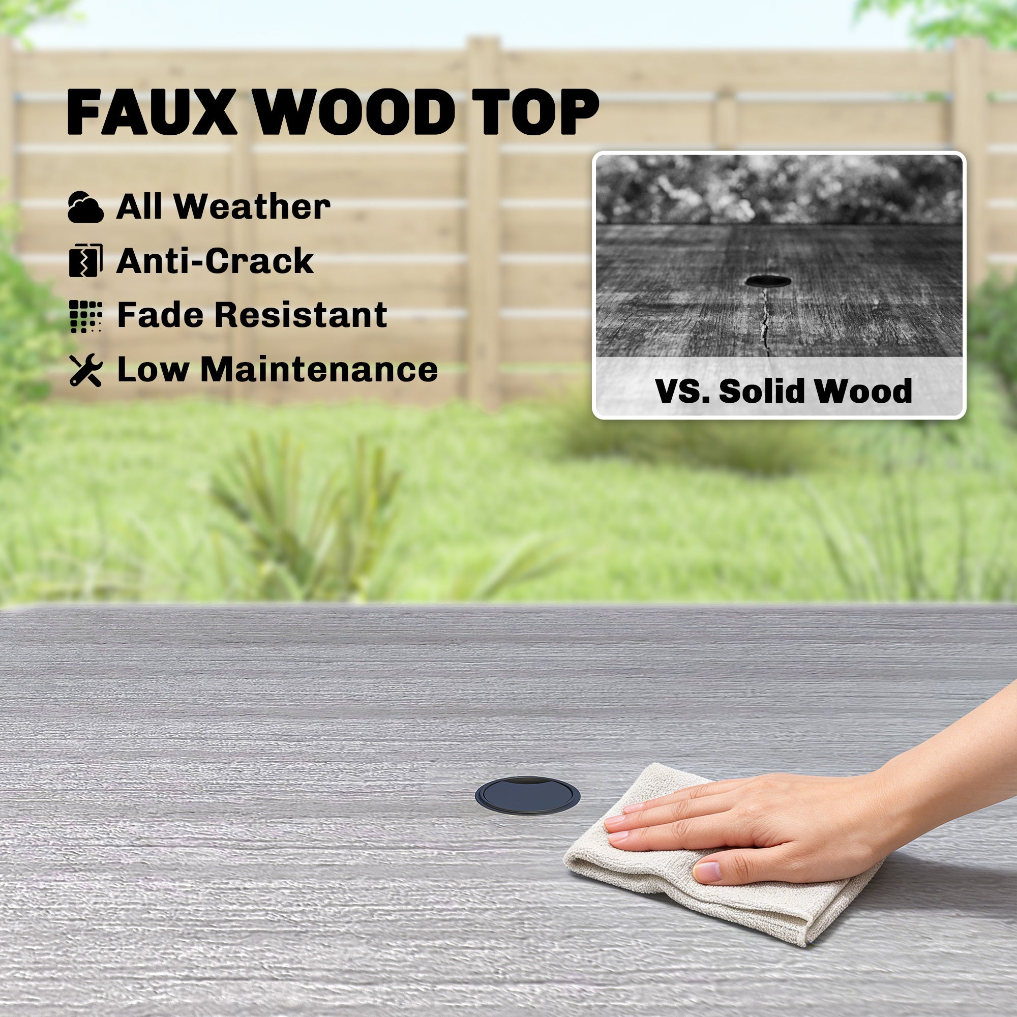 Outsunny Garden Dining Table for 4, 85 cm Square Outdoor Table with Umbrella Hole, Faux Wood Top, Metal Legs, Light Grey 