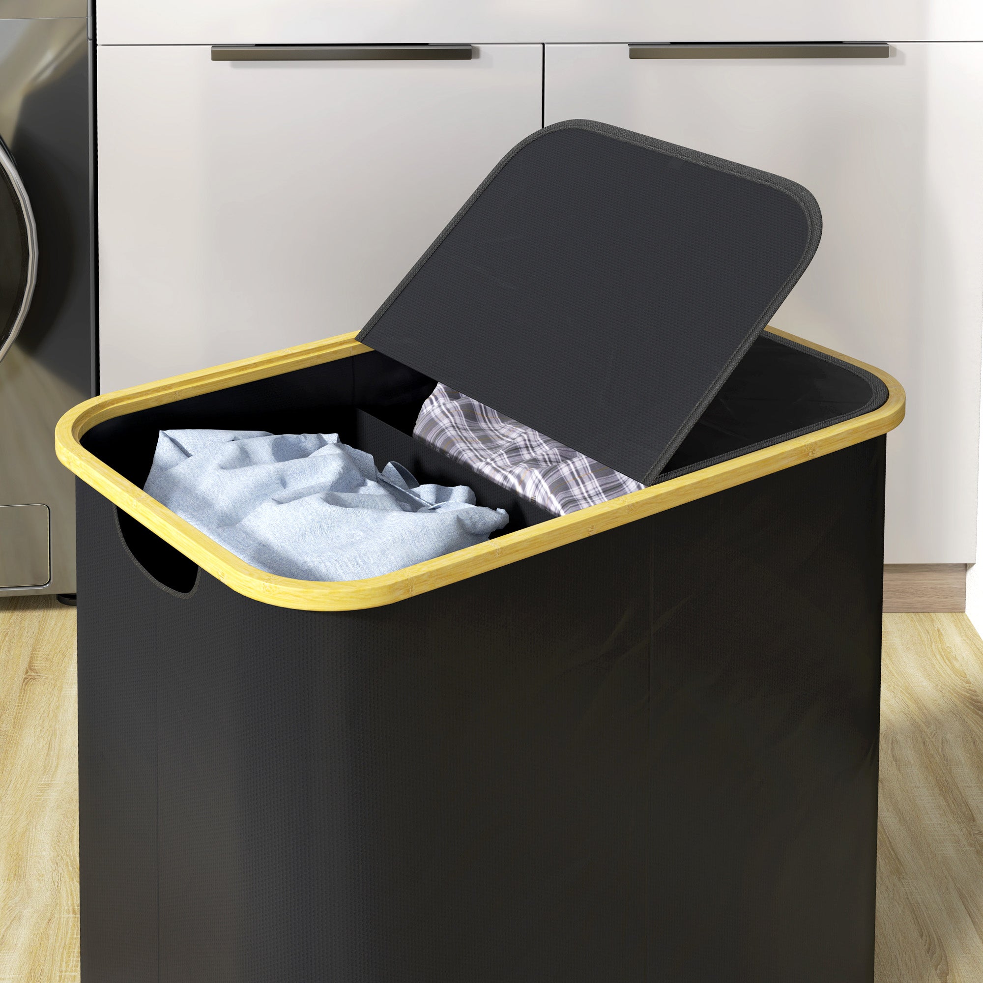 HOMCOM Double Laundry Basket With Lid, 80L Collapsible Laundry Hamper with Groove Handles, Washing Basket for Bathroom, Bedroom, Laundry Room, Black 