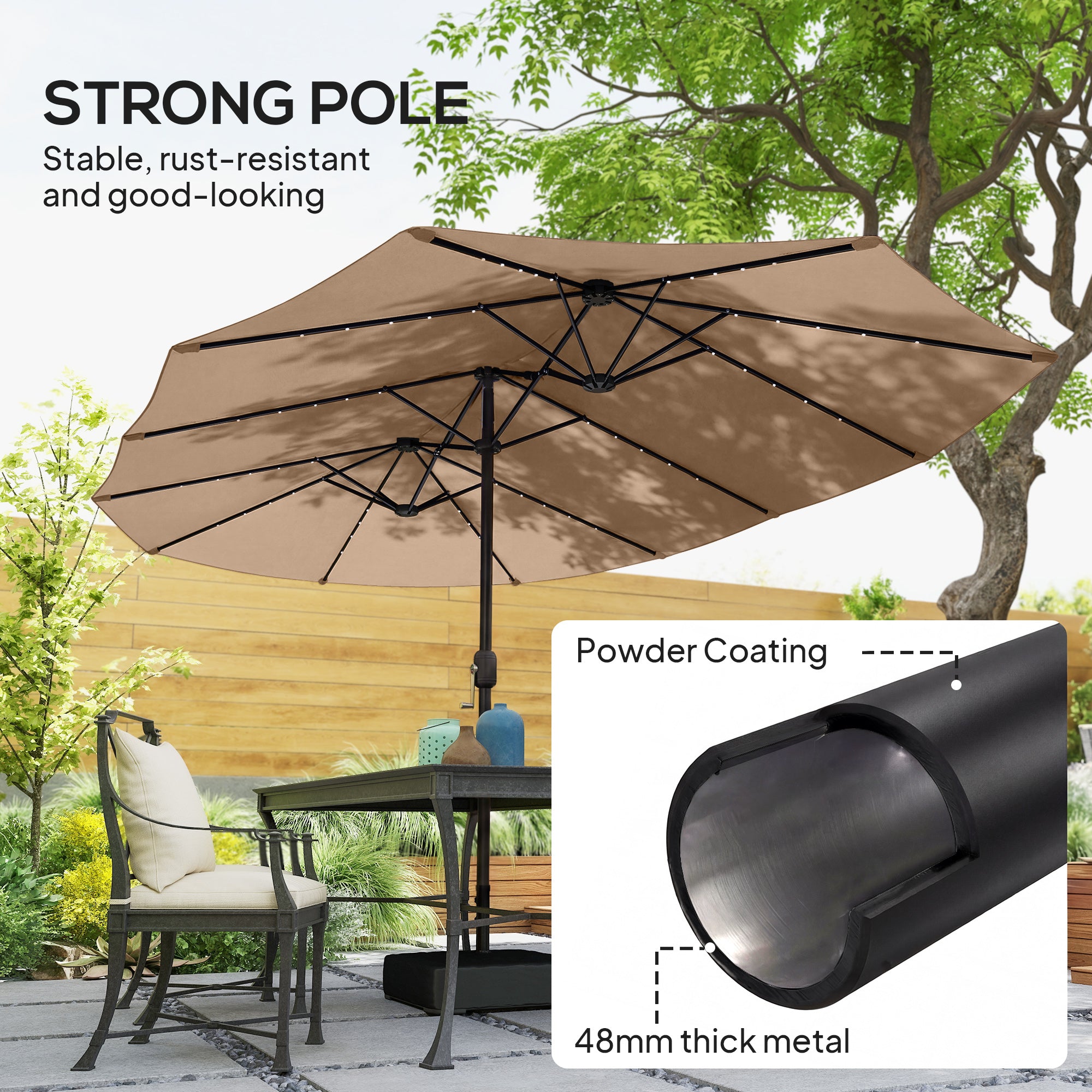 Outsunny Patio Umbrella Double-Sided Outdoor Umbrella with Solar Lights Base, Khaki 