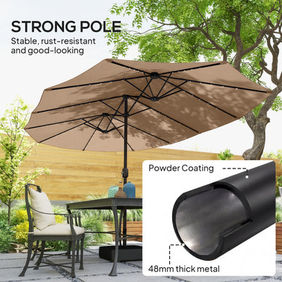 Outsunny Patio Umbrella Double-Sided Outdoor Umbrella with Solar Lights Base, Khaki 
