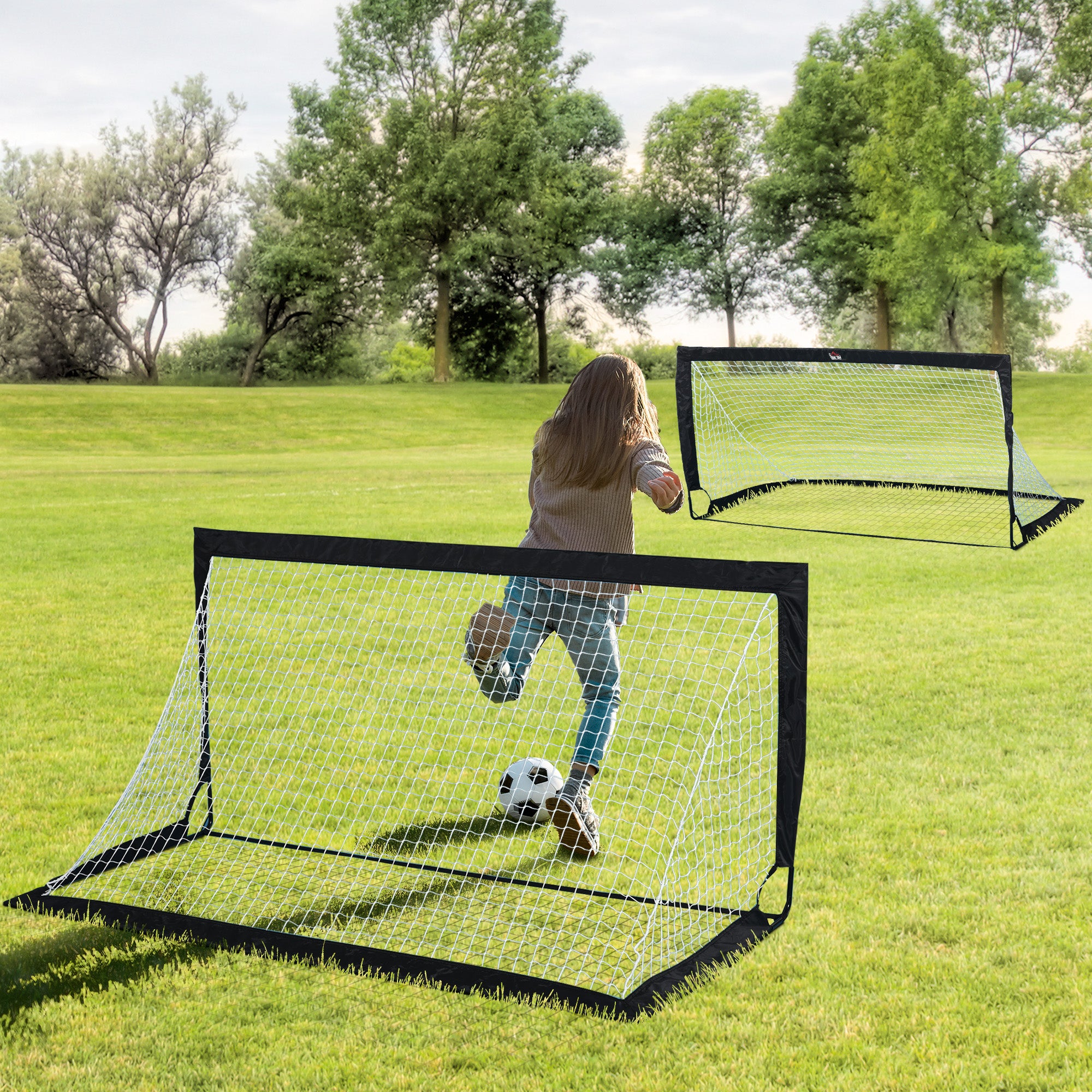 HOMCOM Set of 2 Football Goal Net 6 x 3 ft Foldable Outdoor Sport Training Teens Adults Football with Carrying Bag Black 