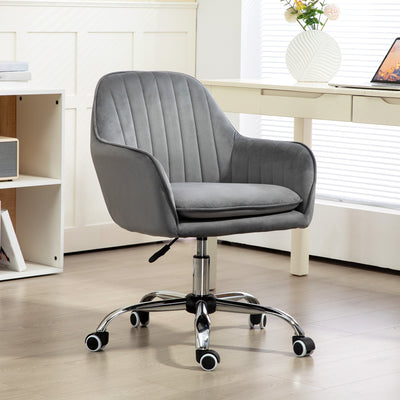 HOMCOM Office Chair, Swivel Desk Chair, Velvet-Feel Fabric Vanity Chair with Adjustable Height and Rolling Wheels for Home Work Study, Grey 