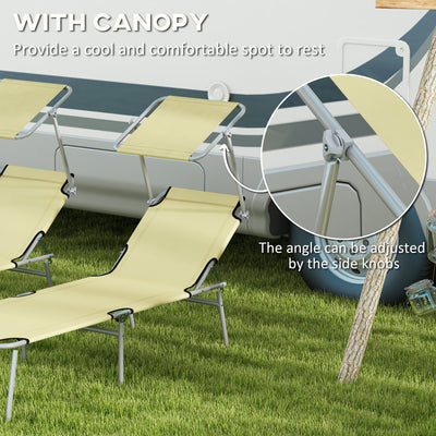 Outsunny Outdoor Foldable Sun Lounger Set of 2, 4 Level Adjustable Backrest Reclining Sun Lounger Chair with Angle Adjust Sun Shade Awning for Beach, Garden, Patio, Beige 