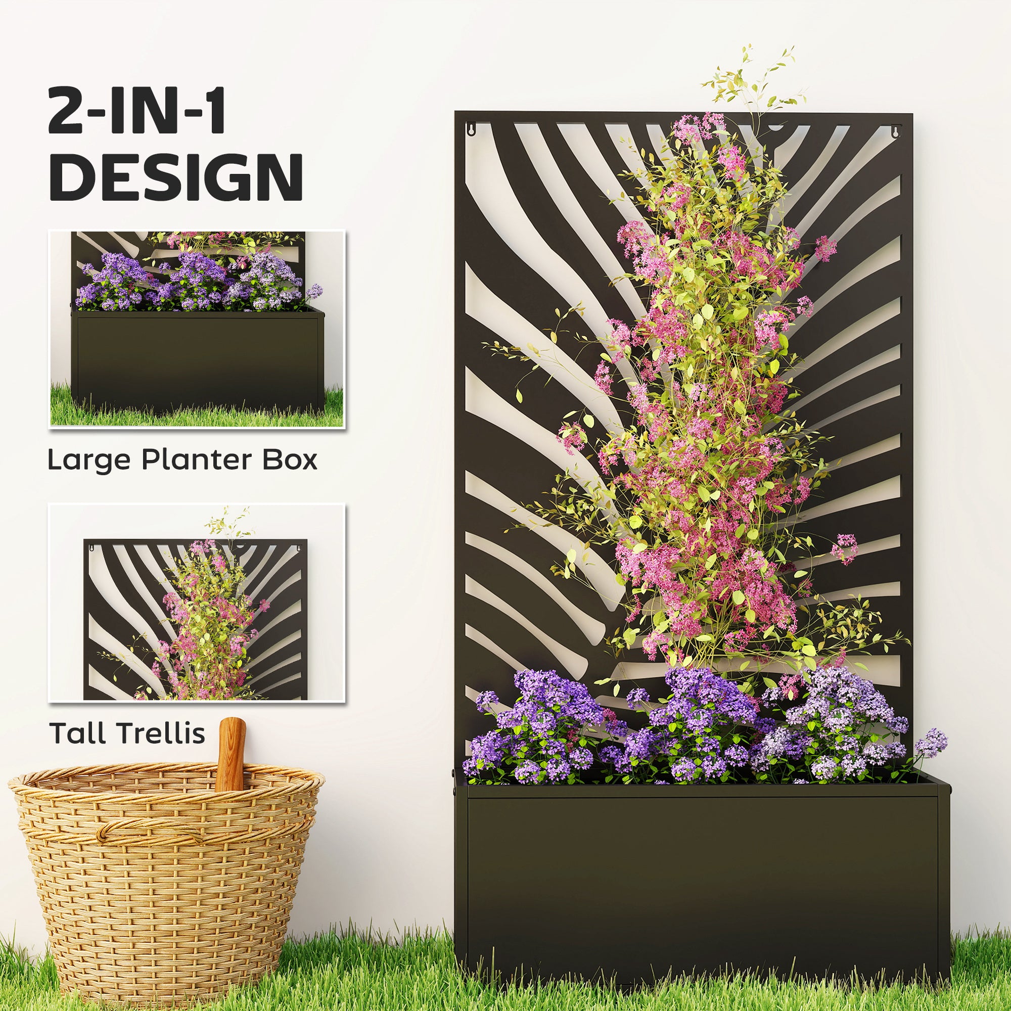 Outsunny Metal Garden Bed for Garden with Trellis, Wall Mounted or Freestanding Raised Planter with Privacy Screen 
