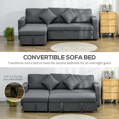 HOMCOM Corner Sofa Bed with Storage, 3 Seater Pull Out Sofa Bed, Convertible L Shape Sofa Couch with Reversible Chaise Lounge for Living Room, Dark Grey 