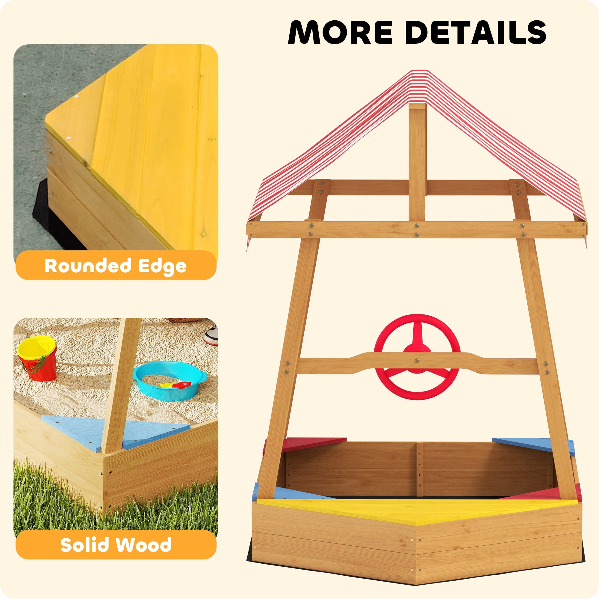 AIYAPLAY Wooden Kids Sandpit Boat Style with Canopy, 4 Seats, Rudder, Bottom Liner, for Children 3-8 Years, Yellow 