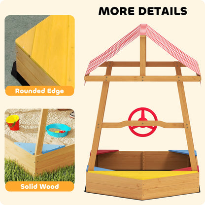 AIYAPLAY Wooden Kids Sandpit Boat Style with Canopy, 4 Seats, Rudder, Bottom Liner, for Children 3-8 Years, Yellow 