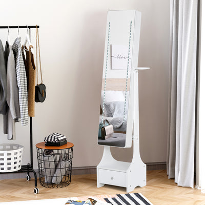 HOMCOM Jewellery Cabinet, Full Length Mirror with Storage, Free Standing Mirror with LED Lights, Hooks, Drawer and Hairdryer Holder for Bedroom, White 