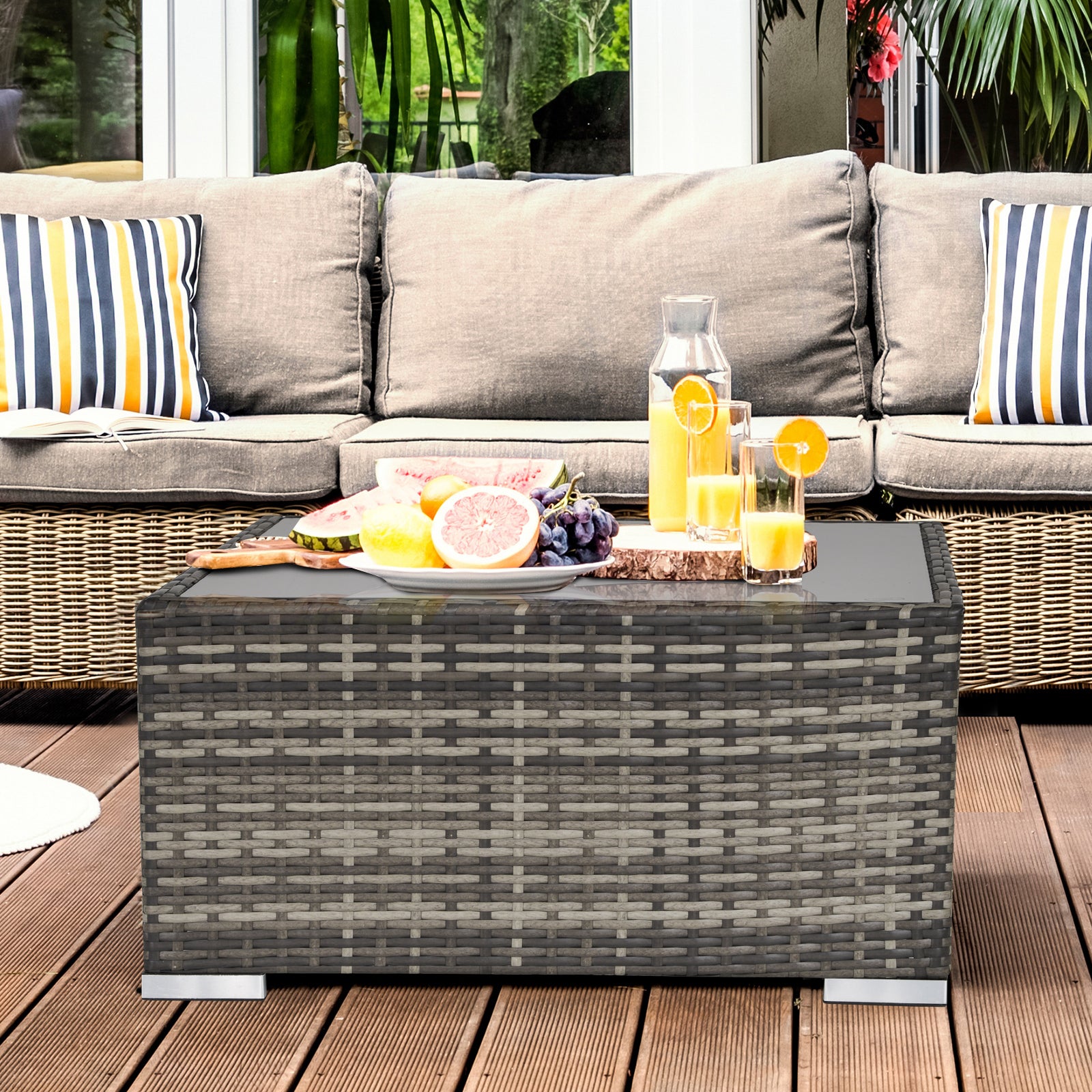 Outsunny Square PE Wicker Rattan Table with Glass Top - Dark Grey 