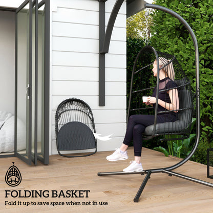 Outsunny Hanging Egg Chair, Foldable Rattan Garden Swing Chair with Installation Kit, Thickened Cushion and Headrest, Indoor Outdoor Hanging Egg Basket Seat for Patio, Porch, Dark Grey 