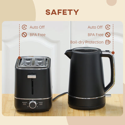 HOMCOM Kettle and Toaster Set, 1.7L 3000W Fast Boil Kettle & 2 Slice Toaster Kitchen Set with 6 Level Browning Controls, Defrost, Reheat, Black 