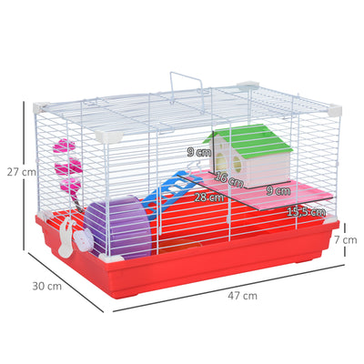PawHut Hamster Cage, Small Gerbil Cage 2 Tiers Portable w/ Handle, Exercise Wheel, Water Bottle, Dishes 