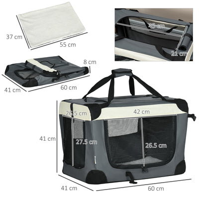PawHut 60cm Foldable Pet Carrier, with Cushion, for Miniature Dogs and Cats - Grey 