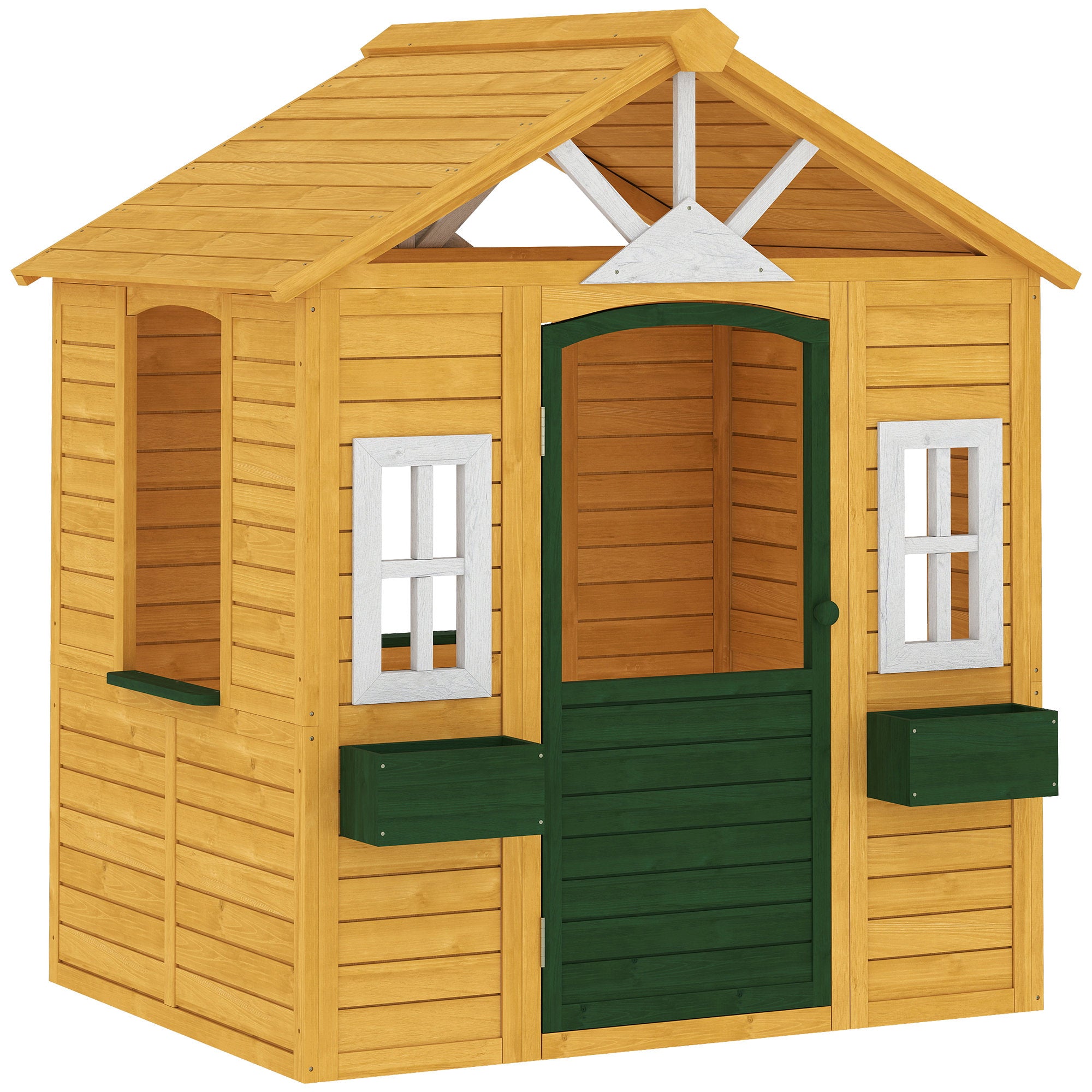 AIYAPLAY Outdoor Kids Playhouse, Wooden Wendy House with Door, 3 Windows, 2 Flower Boxes for Garden, Indoor Playroom 