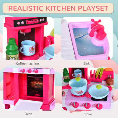 HOMCOM 38 Pcs Kids Children Kitchen Play Set w/ Realistic Sounds Lights Food Utensils Pots Pans Appliances Toy Game Pink 