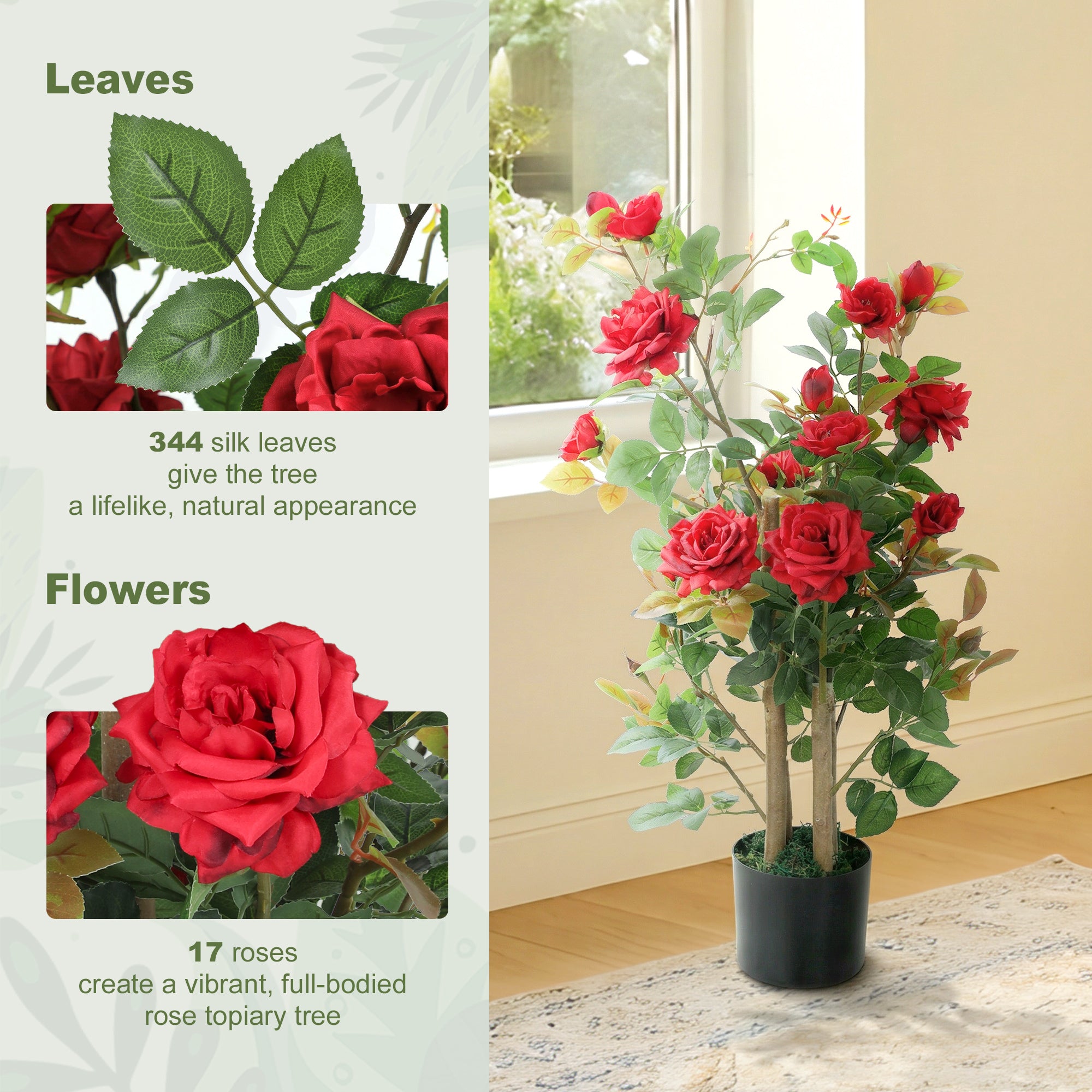 HOMCOM 90cm Artificial Rose Tree, Decorative Fake Plant with 344 Silk Leaves 17 Flowers for Outdoor Indoor Decor, Red 