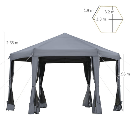 Outsunny 3.8m x 3.2m Pop Up Gazebo Hexagonal Canopy Tent Outdoor Sun Protection with 6 Mesh Sidewalls, Hand Bag, Grey 