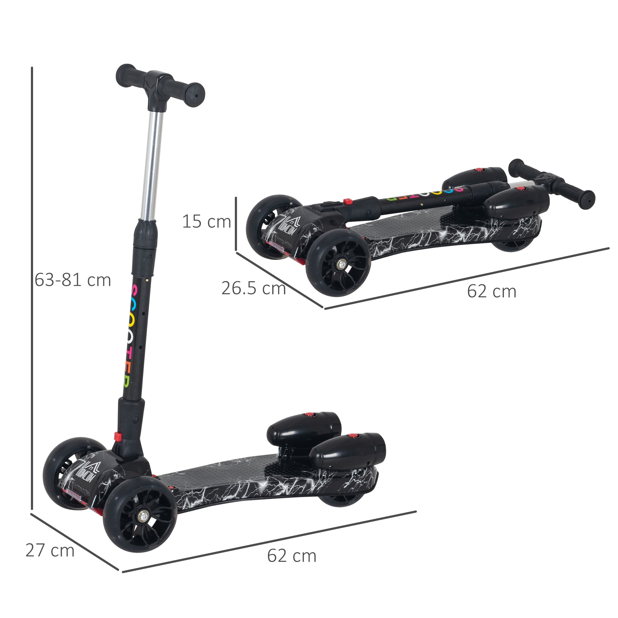 HOMCOM Kids 3 Wheel Plastic Scooter Adjustable Height w/ Engine-Look Water Spray Black 