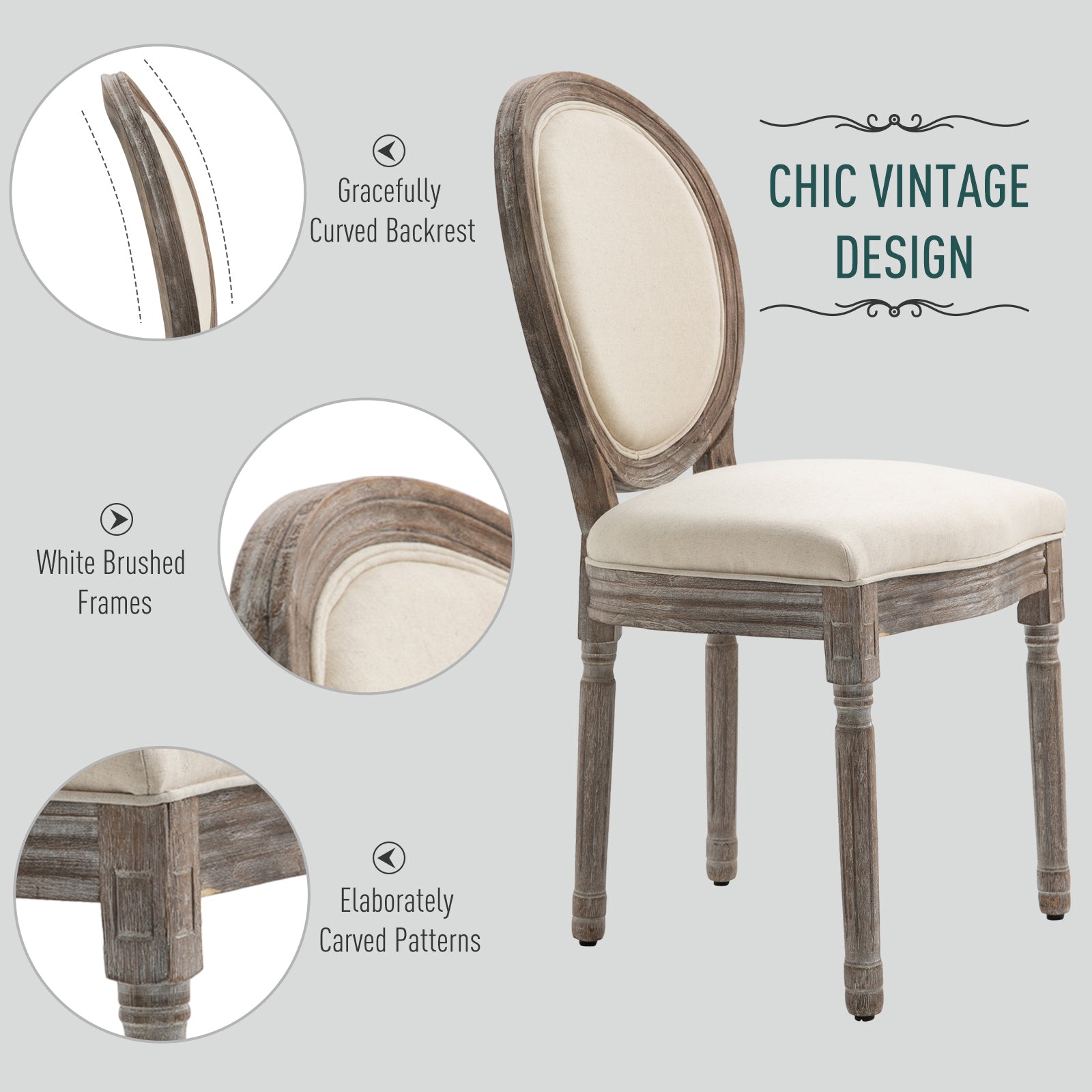 HOMCOM Dining Chairs Set of 2, French-Style Upholstered Kitchen Chairs with Padded Seats, Wood Frame and Round Back, Cream White