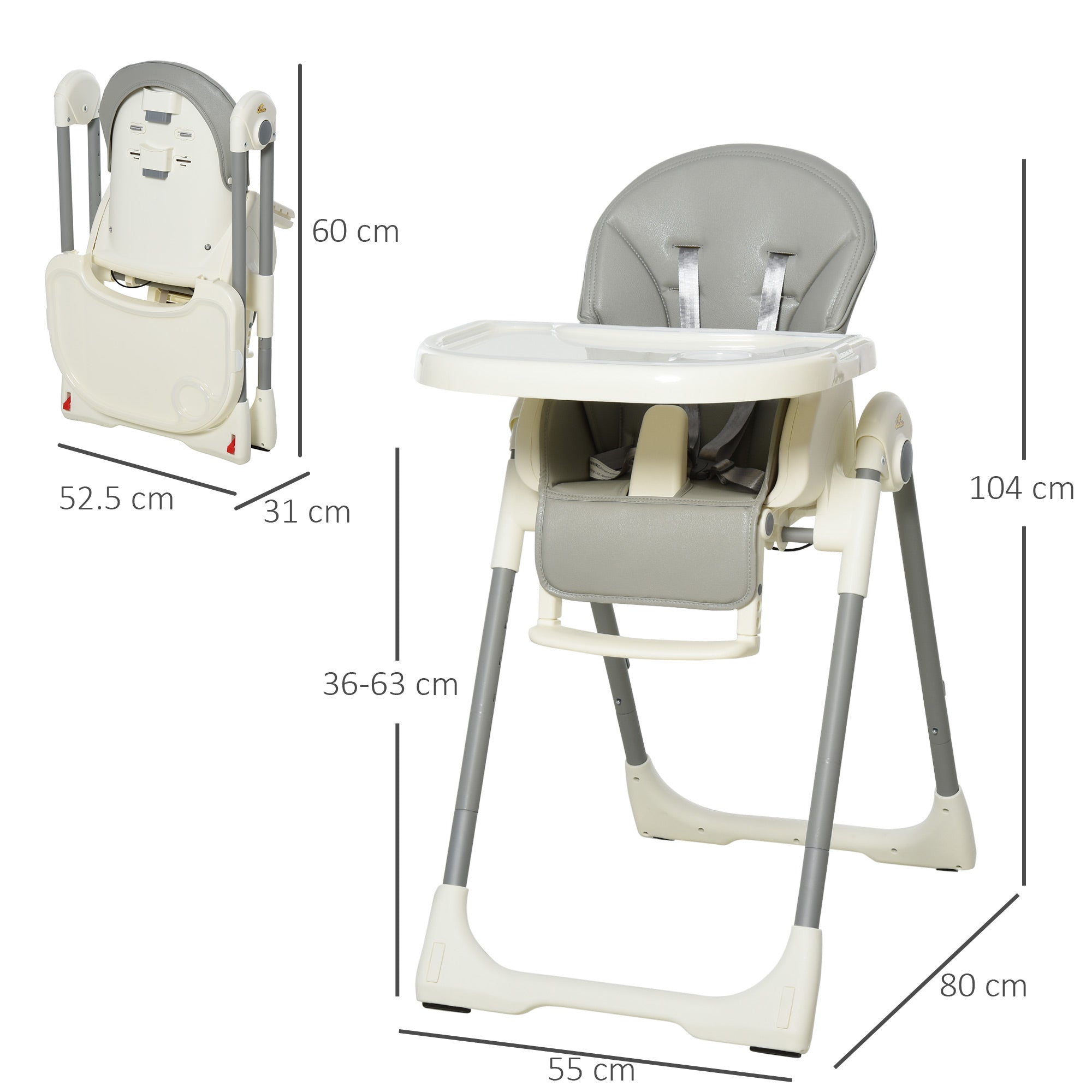 HOMCOM Foldable Baby High Chair Convertible Feeding Chair Height Adjustable with Adjustable Backrest Footrest and Removable Tray 5 Point Safety Harness for Kids 6 - 36 Months Grey 