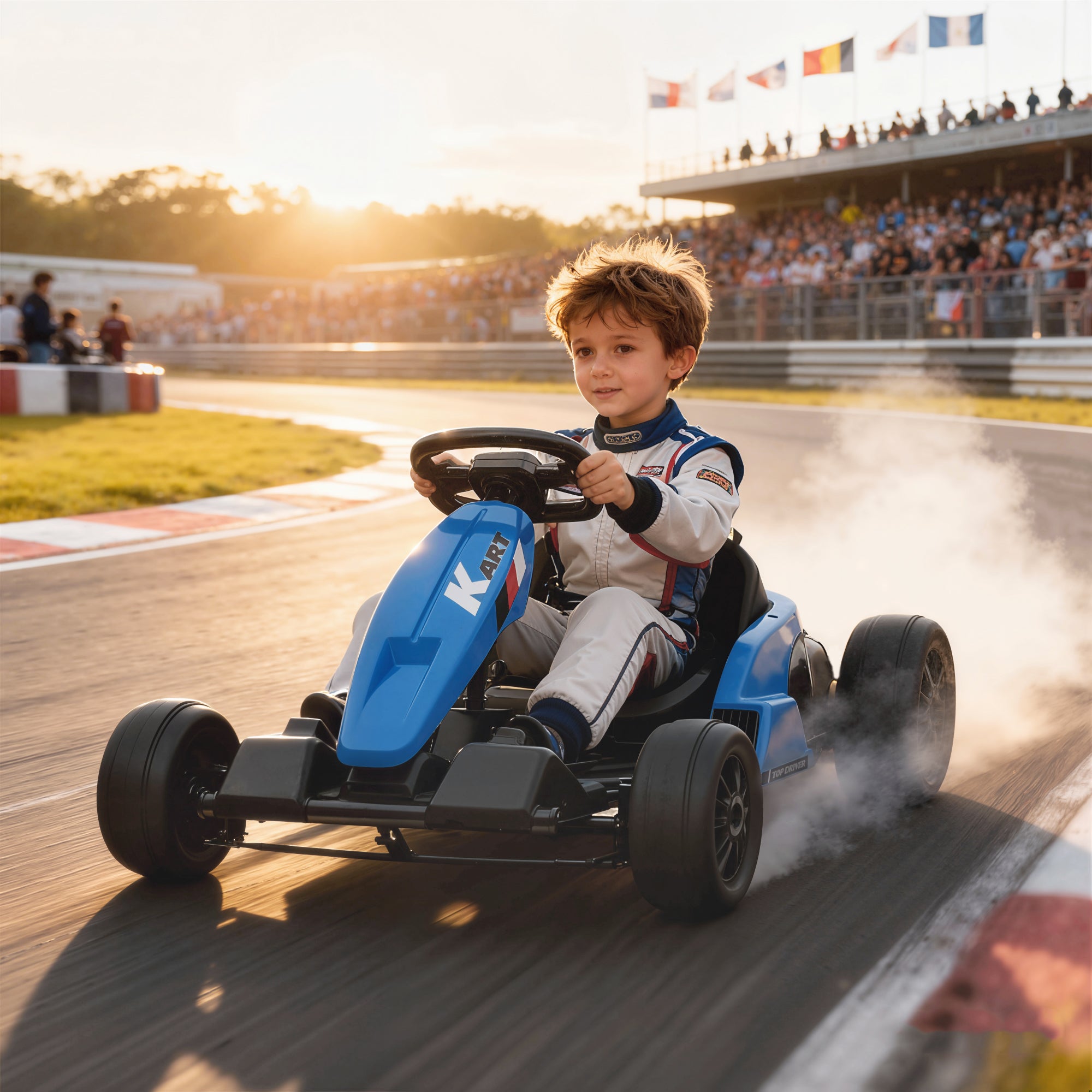 AIYAPLAY 24V Electric Go Kart, Drift Kart with Adjustable Seat, Slow Start, 5-Point Harness, Music, Horn, for 6-12 Years, Blue 