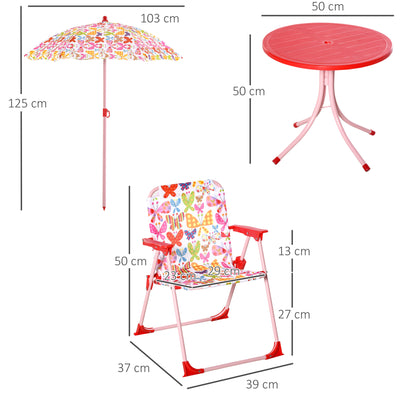 Outsunny Kids Outdoor Bistro Table and Chair Set Butterfly Pattern Garden Patio Backyard with Removable & Height Adjustable Parasol 
