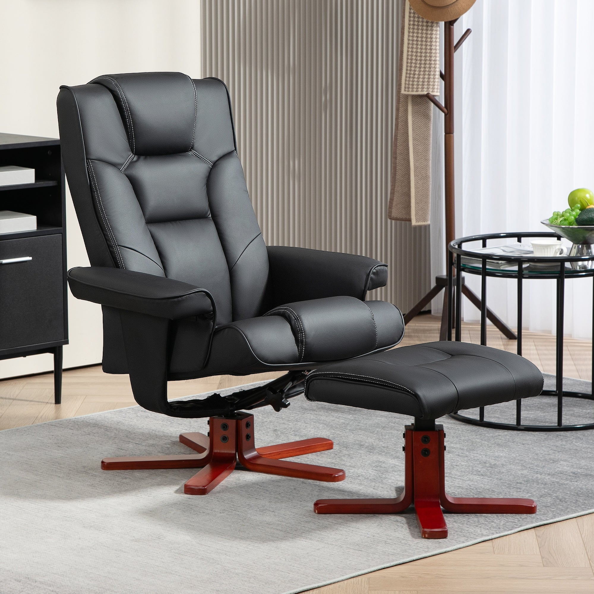 HOMCOM Faux Leather Manual Recliner and Footstool Set - Black 