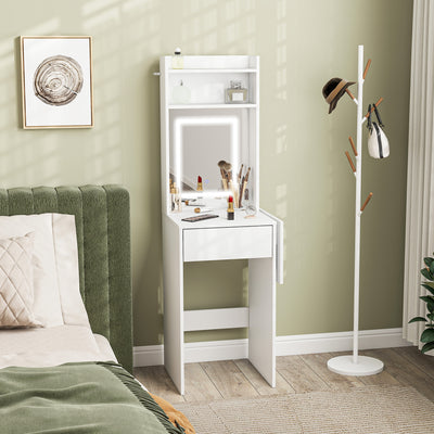 HOMCOM Small Vanity Desk with Mirror and LED Lights, Compact Dressing Table with Drop Leaf, Open Shelves and Drawer, White 