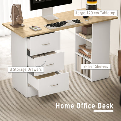 HOMCOM Computer Desk, Writing Table, PC Workstation with 3 Storage Shelves and Drawers, Silver Handle, for Home Office, Natural Wood Finish and White 